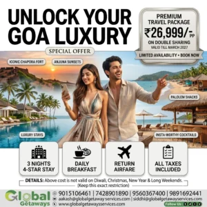 Goa honeymoon package from Delhi with flight featuring stylish couple by luxury resort infinity pool overlooking Anjuna beach, Chapora Fort and Palolem shacks