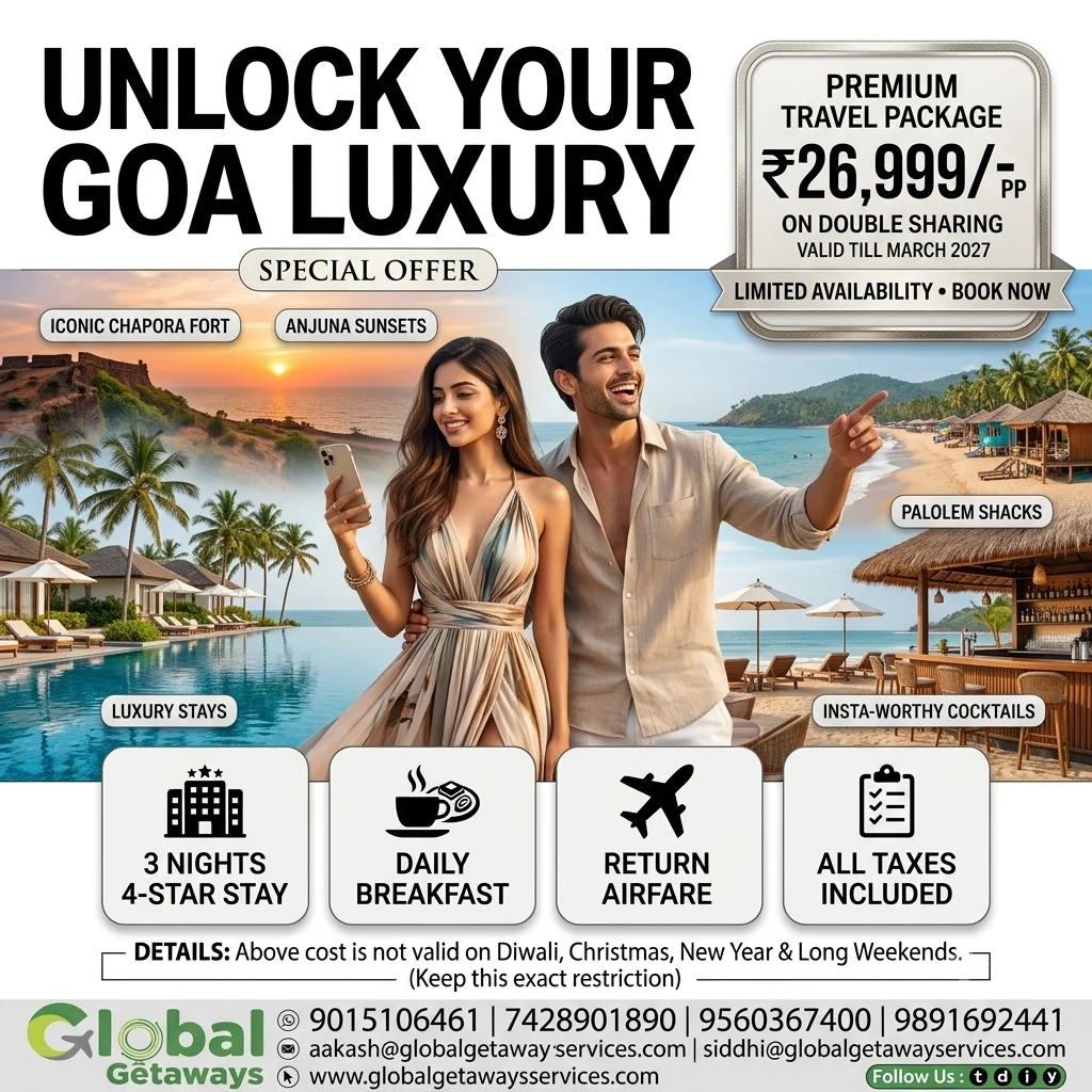 Goa honeymoon package from Delhi with flight featuring stylish couple by luxury resort infinity pool overlooking Anjuna beach, Chapora Fort and Palolem shacks