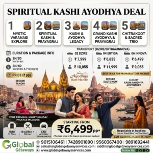 Kashi Ayodhya tour package from Delhi featuring traditional Indian families on boat during Ganga Aarti with illuminated Kashi Vishwanath and Ayodhya Ram Mandir