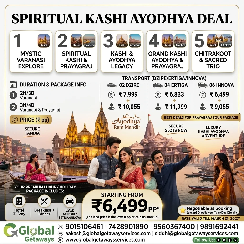 Kashi Ayodhya tour package from Delhi featuring traditional Indian families on boat during Ganga Aarti with illuminated Kashi Vishwanath and Ayodhya Ram Mandir