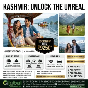 Kashmir tour package from Delhi featuring smiling couple on traditional Shikara boat ride on Dal Lake with snow-capped Pir Panjal peaks