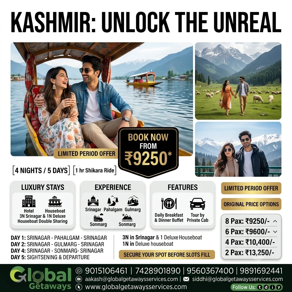 Kashmir tour package from Delhi featuring smiling couple on traditional Shikara boat ride on Dal Lake with snow-capped Pir Panjal peaks