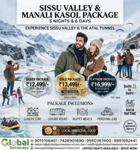 Manali Kasol tour package from Delhi featuring young couple in warm winter beanies and snow jackets against snowy mountains with Sissu waterfall, Atal Tunnel, and river rafting