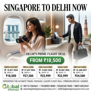 Singapore Tour Package from Delhi with Flight: 5 Mega Deals 2 Singapore tour package from Delhi with flight featuring woman looking out airplane window at Marina Bay Sands and businessman at Delhi airport check-in desk