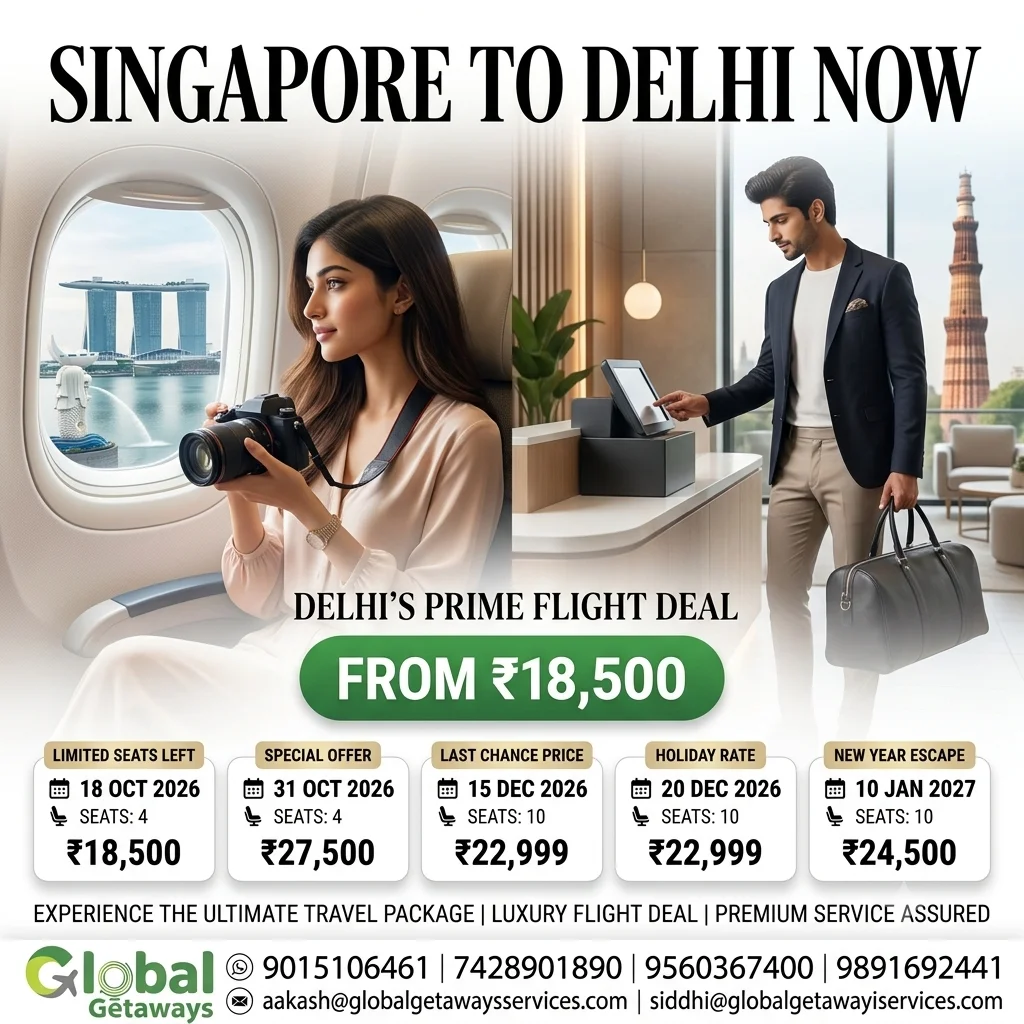 Singapore Tour Package from Delhi with Flight: 5 Mega Deals 1 Singapore tour package from Delhi with flight featuring woman looking out airplane window at Marina Bay Sands and businessman at Delhi airport check-in desk