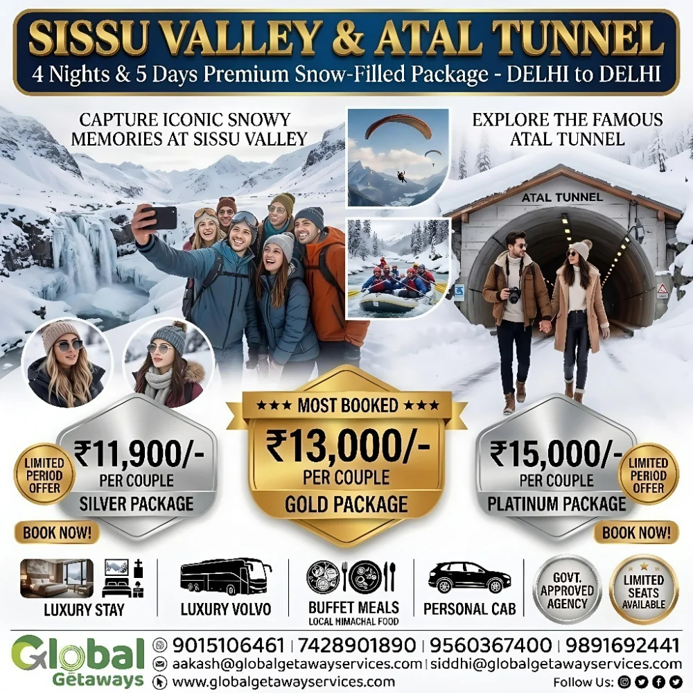 Sissu Valley tour package from Delhi featuring happy young group in winter snow jackets posing at Sissu waterfall and couple outside Atal Tunnel
