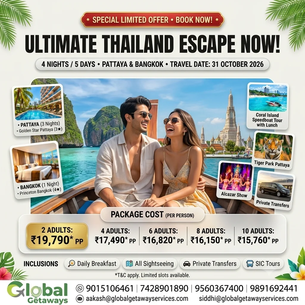 Thailand Tour Package from Delhi: 5D Deal from ₹19,790 1 Thailand tour package from Delhi featuring young couple on longtail boat in turquoise lagoon with Wat Arun, Golden Star Pattaya pool, Coral Island speedboat and Tiger Park