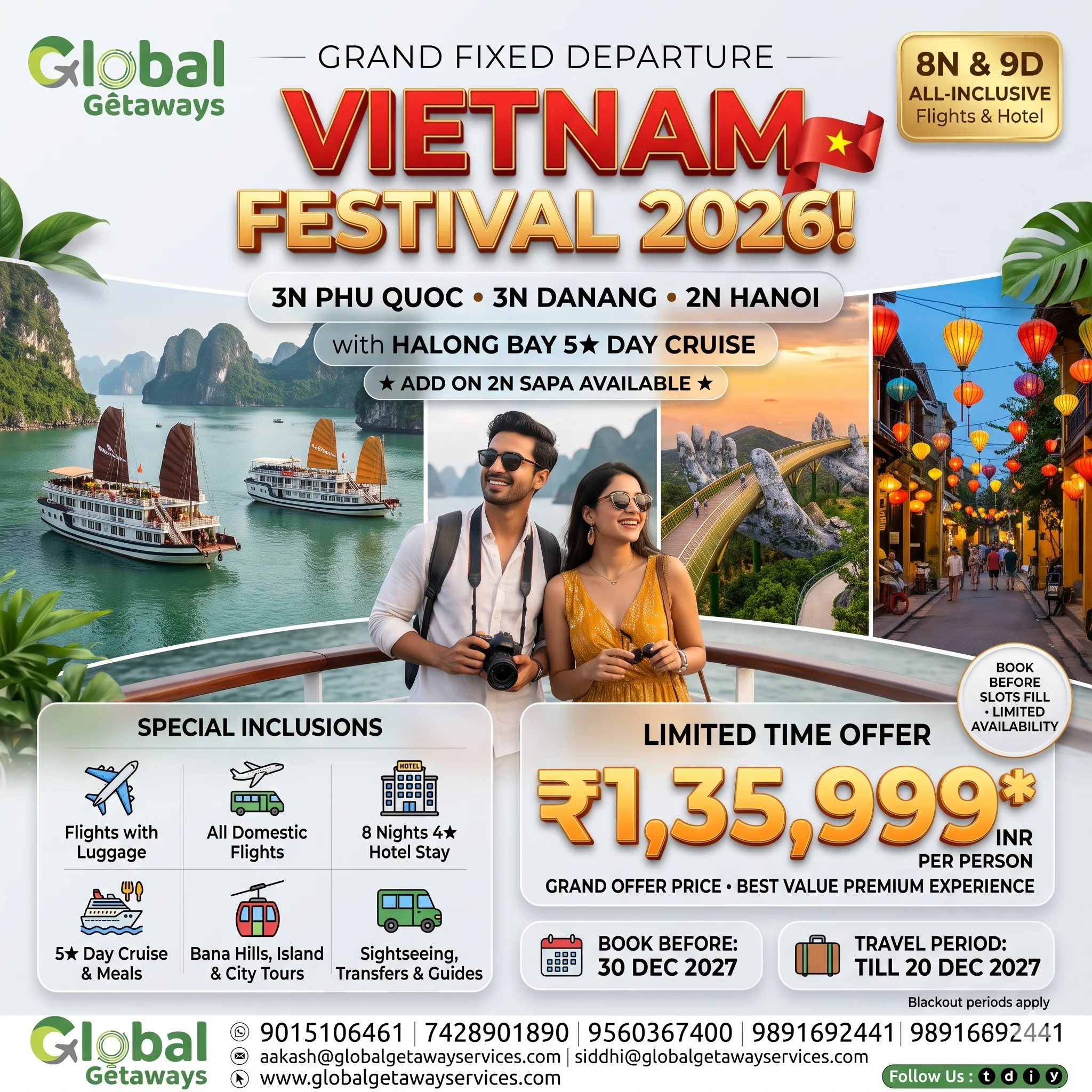 Vietnam tour package from Delhi with flights: 8N/9D luxury deal with Phu Quoc, Danang, Hanoi & 5★ Halong cruise @ ₹1,35,999. Book with ₹4,999 token!