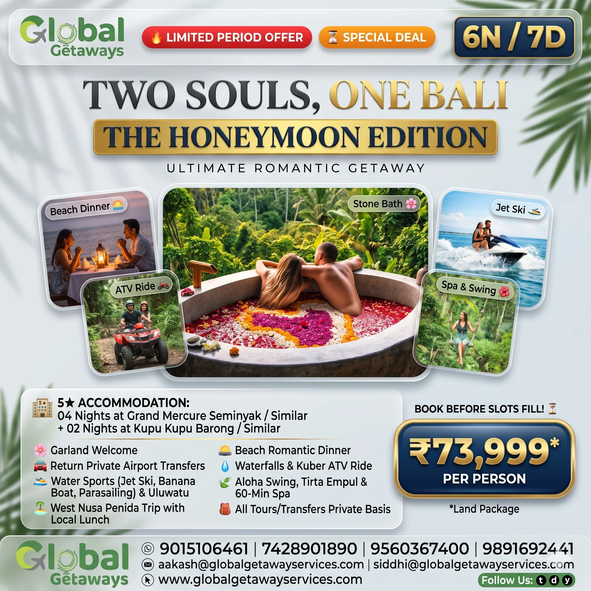 Bali luxury honeymoon package from Delhi featuring couple in romantic stone flower bath with jungle view at Kupu Kupu Barong Ubud