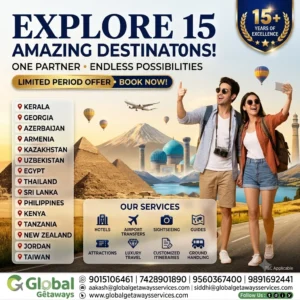 Customized international tour packages from Delhi featuring traveling couple taking selfie against Samarkand mosques hot air balloons and Egyptian pyramids