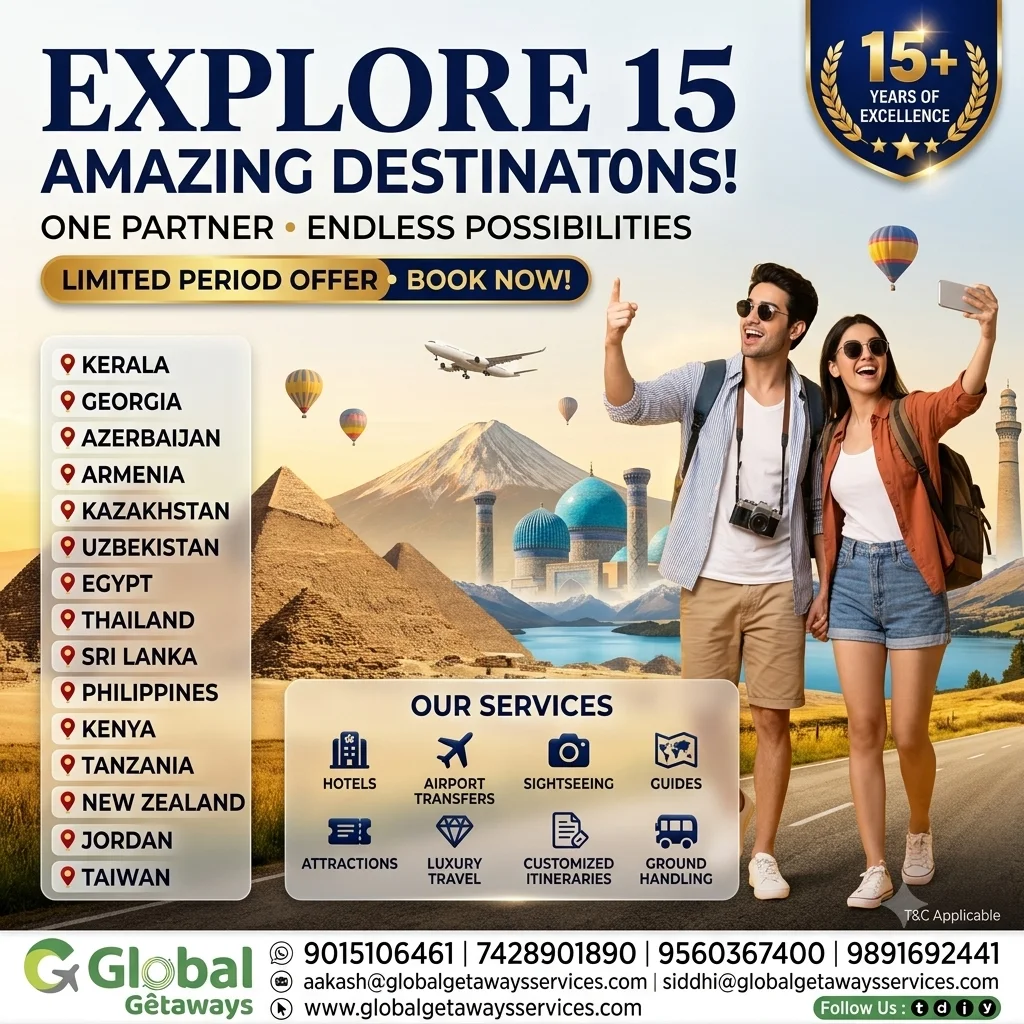 Customized international tour packages from Delhi featuring traveling couple taking selfie against Samarkand mosques hot air balloons and Egyptian pyramids