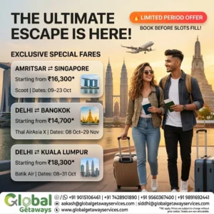 Fixed Departure Flights from Delhi: Top Deals from ₹14K 2 - Alt Text: Fixed departure flights from Delhi featuring young traveling couple holding boarding passes against Bangkok Wat Arun, Kuala Lumpur Petronas Towers and Singapore Marina Bay