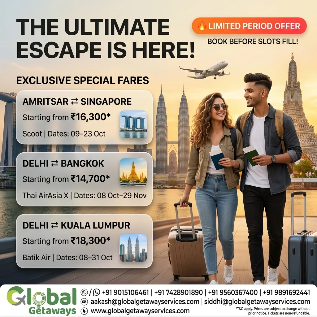 Fixed Departure Flights from Delhi: Top Deals from ₹14K 1 - Alt Text: Fixed departure flights from Delhi featuring young traveling couple holding boarding passes against Bangkok Wat Arun, Kuala Lumpur Petronas Towers and Singapore Marina Bay