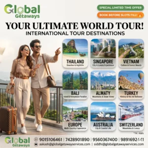 International Tour Packages from Delhi: Best Deals @ ₹4,999 2 International tour packages from Delhi featuring couple with luggage showcasing Thailand Singapore Vietnam Bali Almaty Turkey Europe Australia and Switzerland