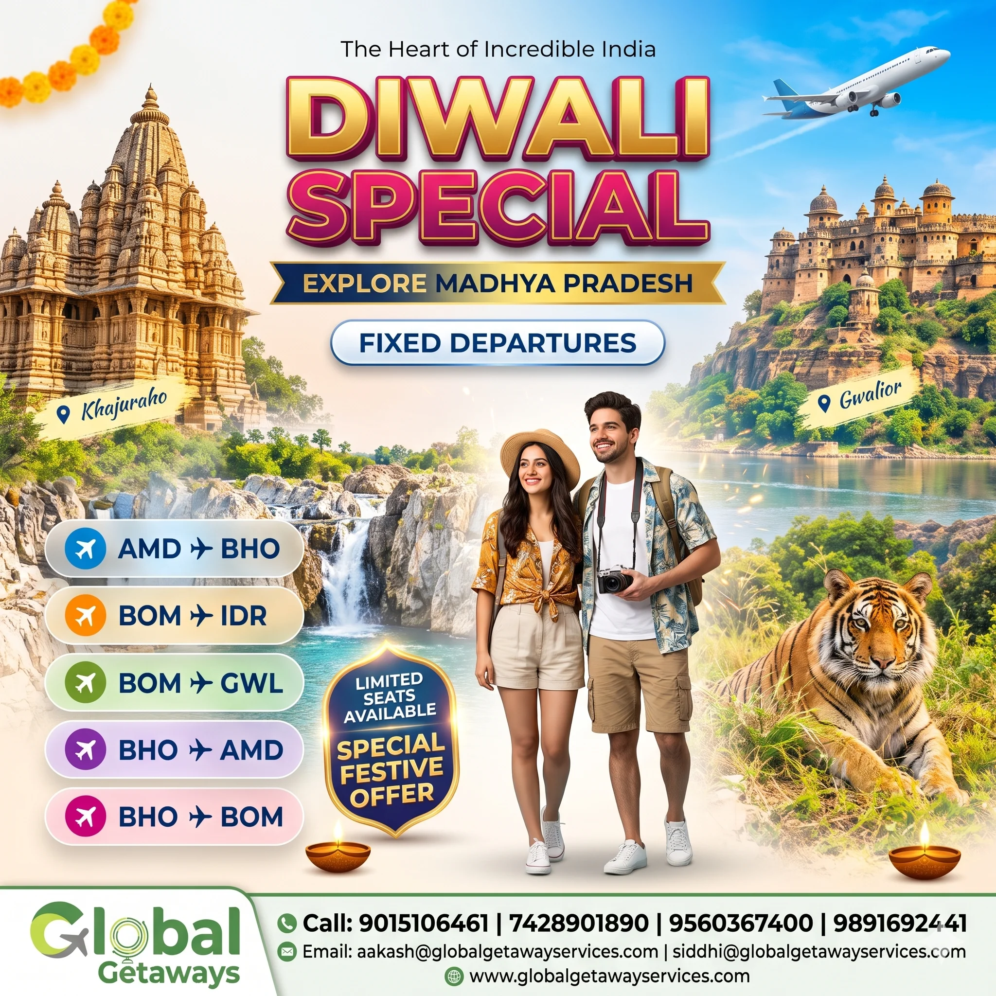 Madhya Pradesh tour package from Delhi featuring couple with Khajuraho temples Gwalior fort and Bengal tiger