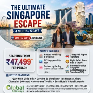 Singapore tour package from Delhi featuring couple at Marina Bay Sands with Merlion statue and Universal Studios globe