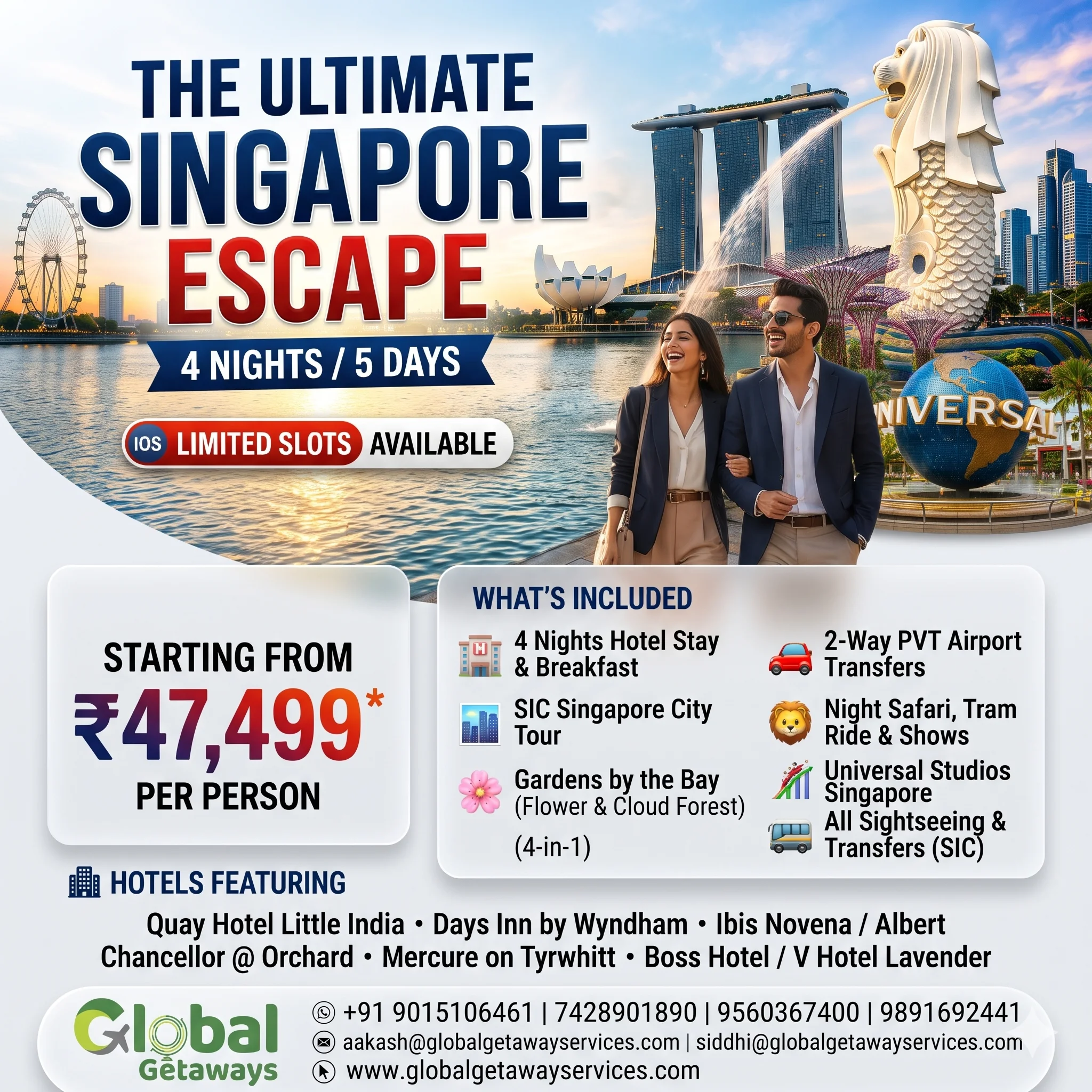 Singapore tour package from Delhi featuring couple at Marina Bay Sands with Merlion statue and Universal Studios globe
