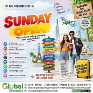 Travel Agency Open on Sunday in Delhi: Weekend Deals 2 Travel agency open on Sunday in Delhi featuring couple with luggage against destination signposts to Dubai Thailand Bali and Eiffel Tower
